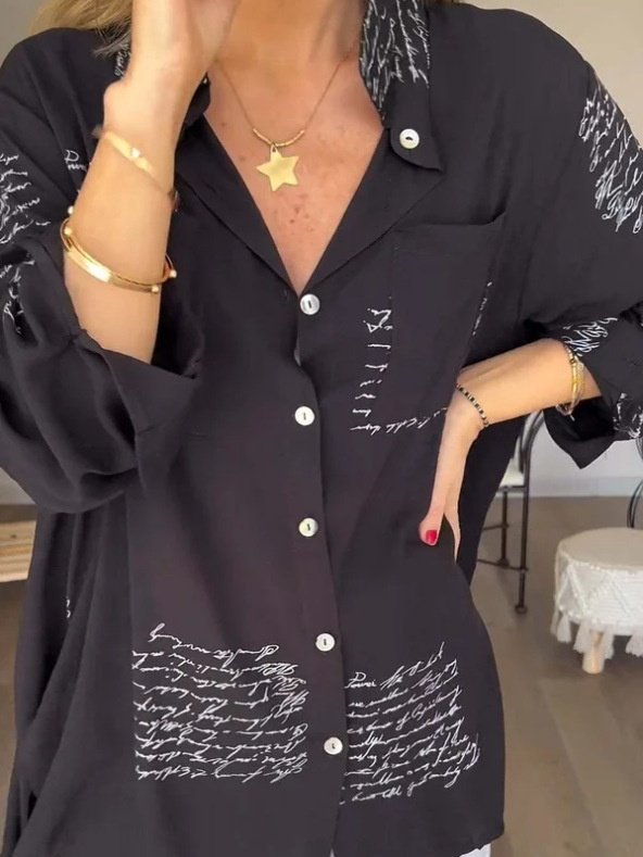 V-Ausschnitt Langarm Geometrisch Print Regelmäßig Mikroelastizität Weit Knopfhemd Bluse für Damen