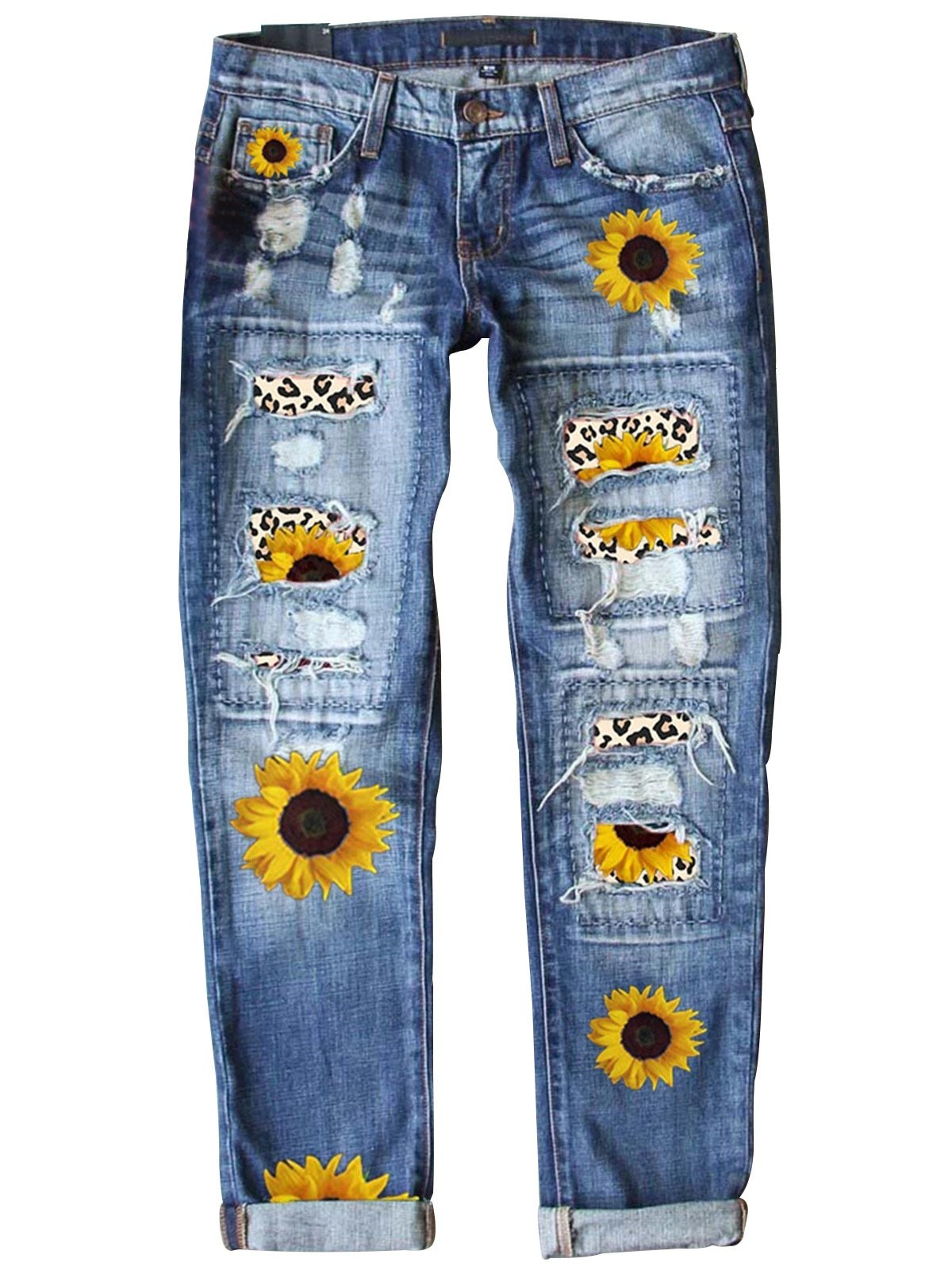 Straße Leopard Fashion schmal geschnitten Print Patchwork Zerrissen Jeans