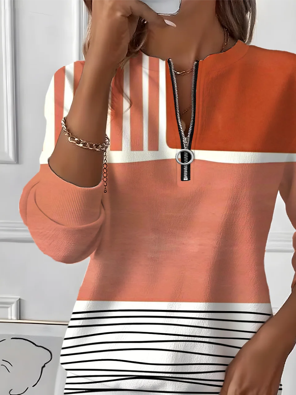 Retro Rundhals Gestreift Sweatshirt