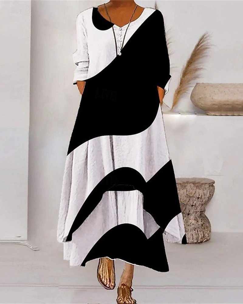 Damen Gestreift Sommer Kleid Rundhals Langarm Blusenkleid A-Linien-Kleid