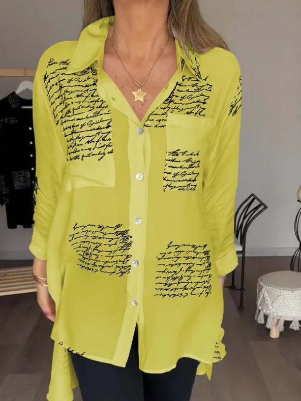 V-Ausschnitt Langarm Geometrisch Print Regelmäßig Mikroelastizität Weit Knopfhemd Bluse für Damen