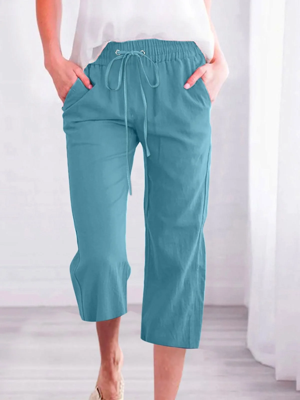 Damen Unifarben Caprihosen Hose Lässig Sommer Hose