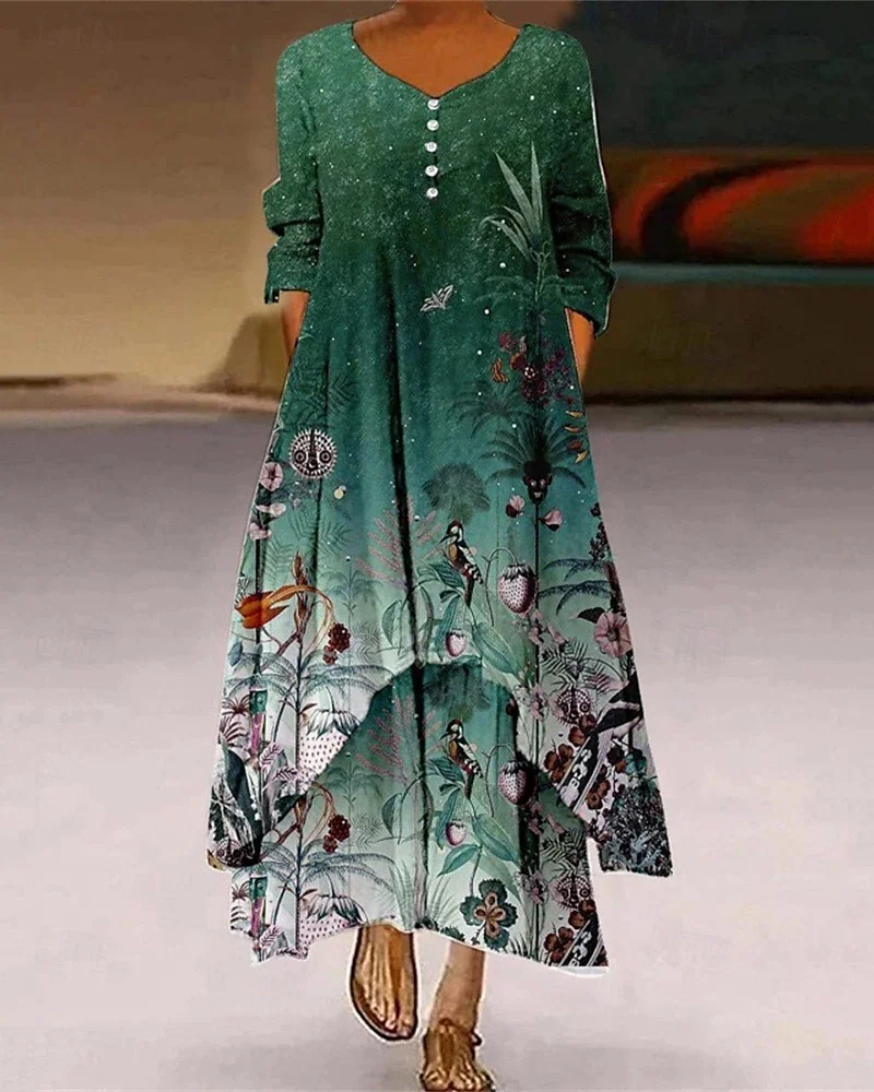 Damen Gestreift Sommer Kleid Rundhals Langarm Blusenkleid A-Linien-Kleid