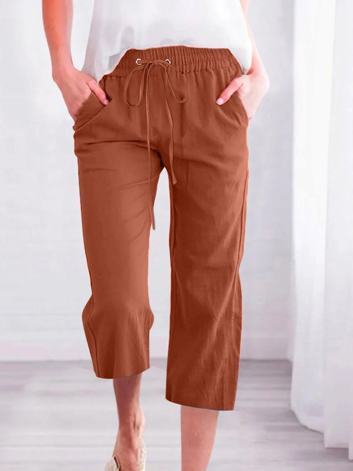 Damen Unifarben Caprihosen Hose Lässig Sommer Hose