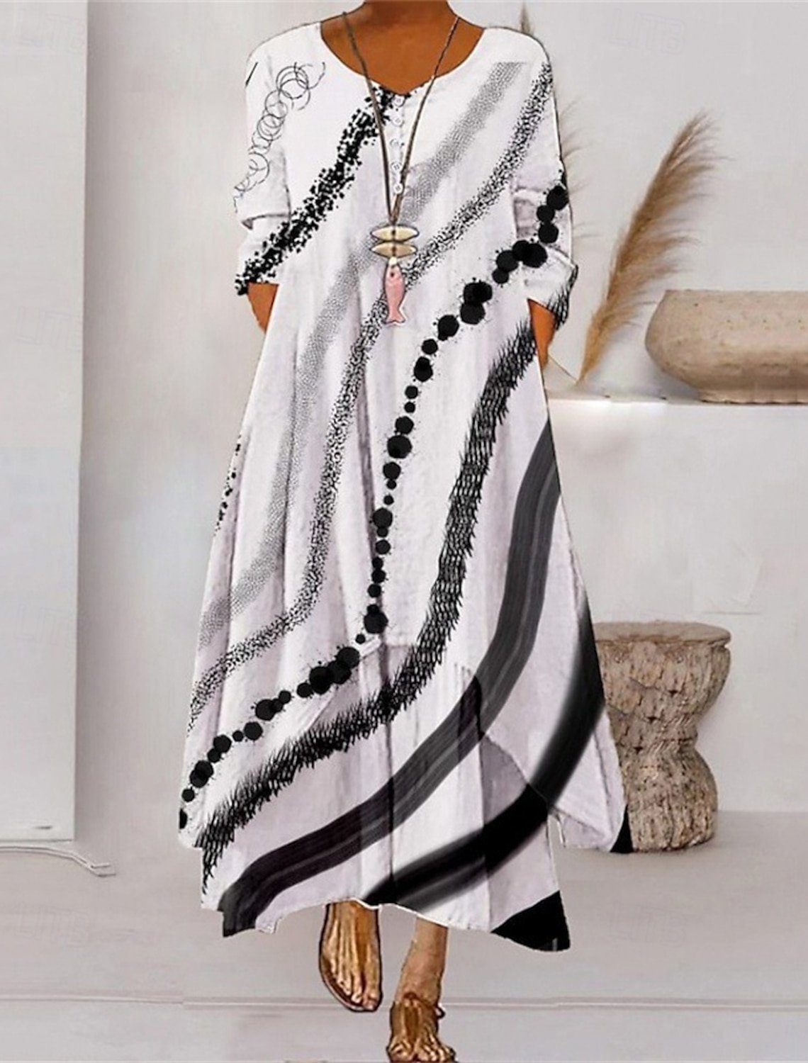 Damen Gestreift Sommer Kleid Rundhals Langarm Blusenkleid A-Linien-Kleid