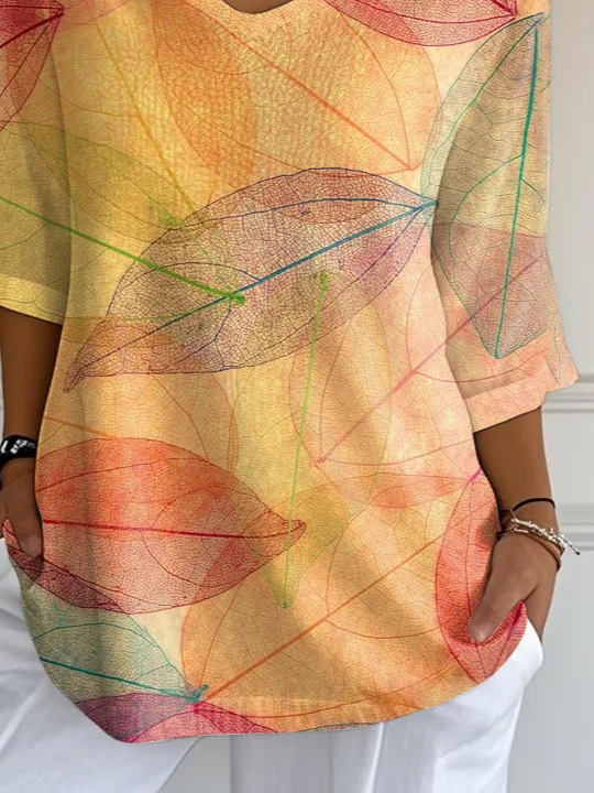 Lässig Blätter V-Ausschnitt Dreiviertelärmel T-Shirt