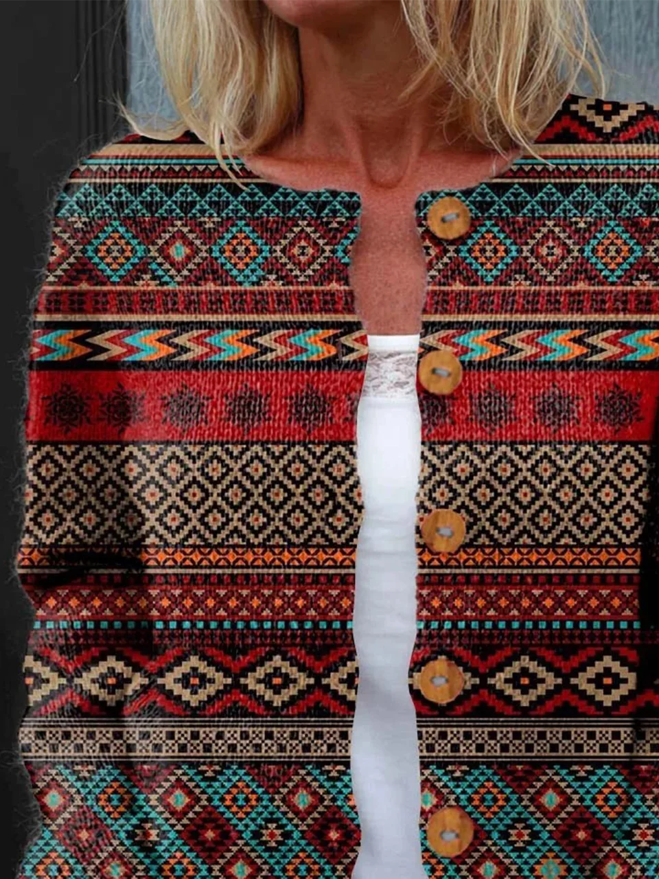 Damen Gestrickt Gestreift Langarm Bequem Retro Strickjacke