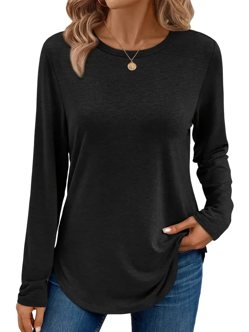 Lässig Unifarben Farbe Rundhals Langarm T-Shirt