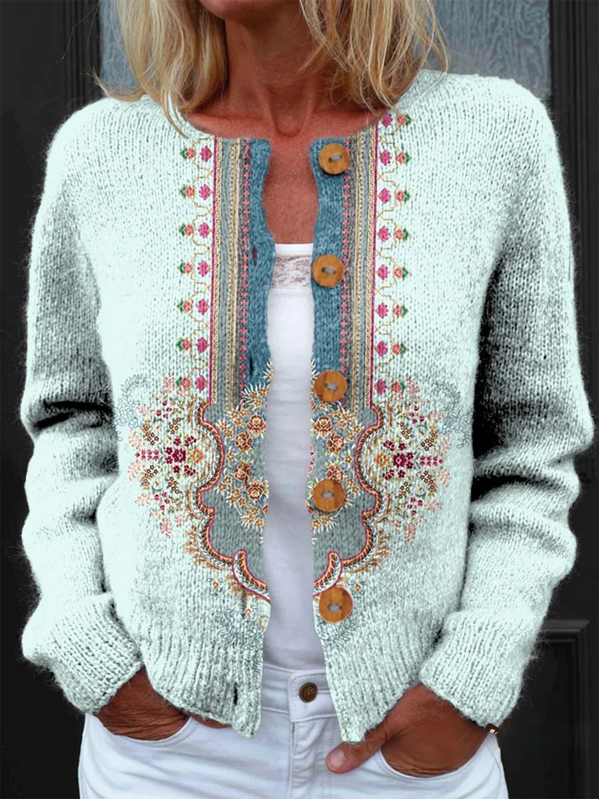 Damen Gestrickt Geometrisch Langarm Bequem Retro Strickjacke