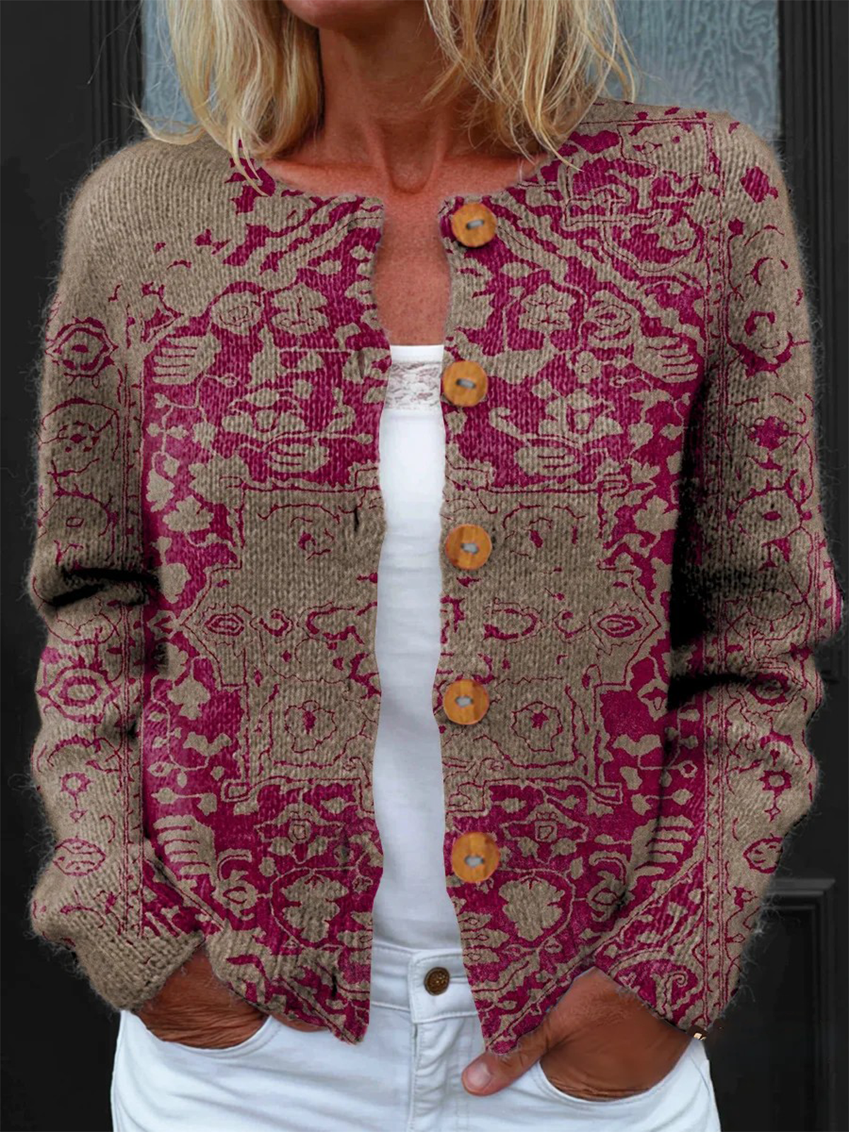 Damen Gestrickt Nationalität/ethn Langarm Bequem Retro Strickjacke
