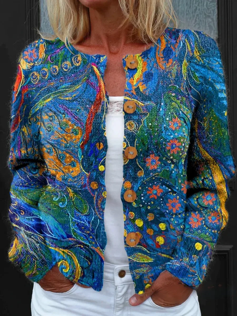 Damen Gestrickt Geometrisch Langarm Bequem Retro Strickjacke