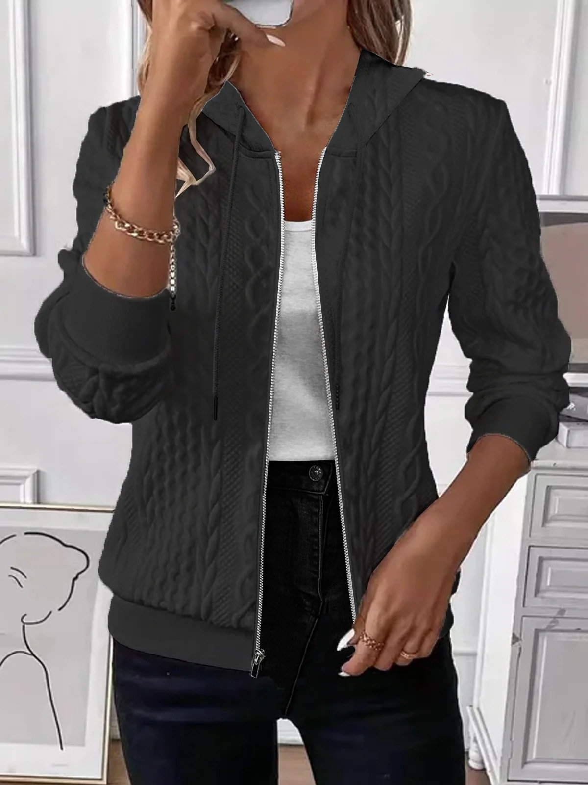 Damen Frühling/Herbst Oberbekleidung Retro Jacquard Unifarben Langarm Kapuze Jacke