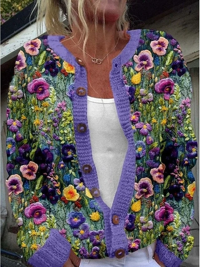 Damen Wolle/Stricken Geblümt Langarm Bequem Lässig Strickjacke