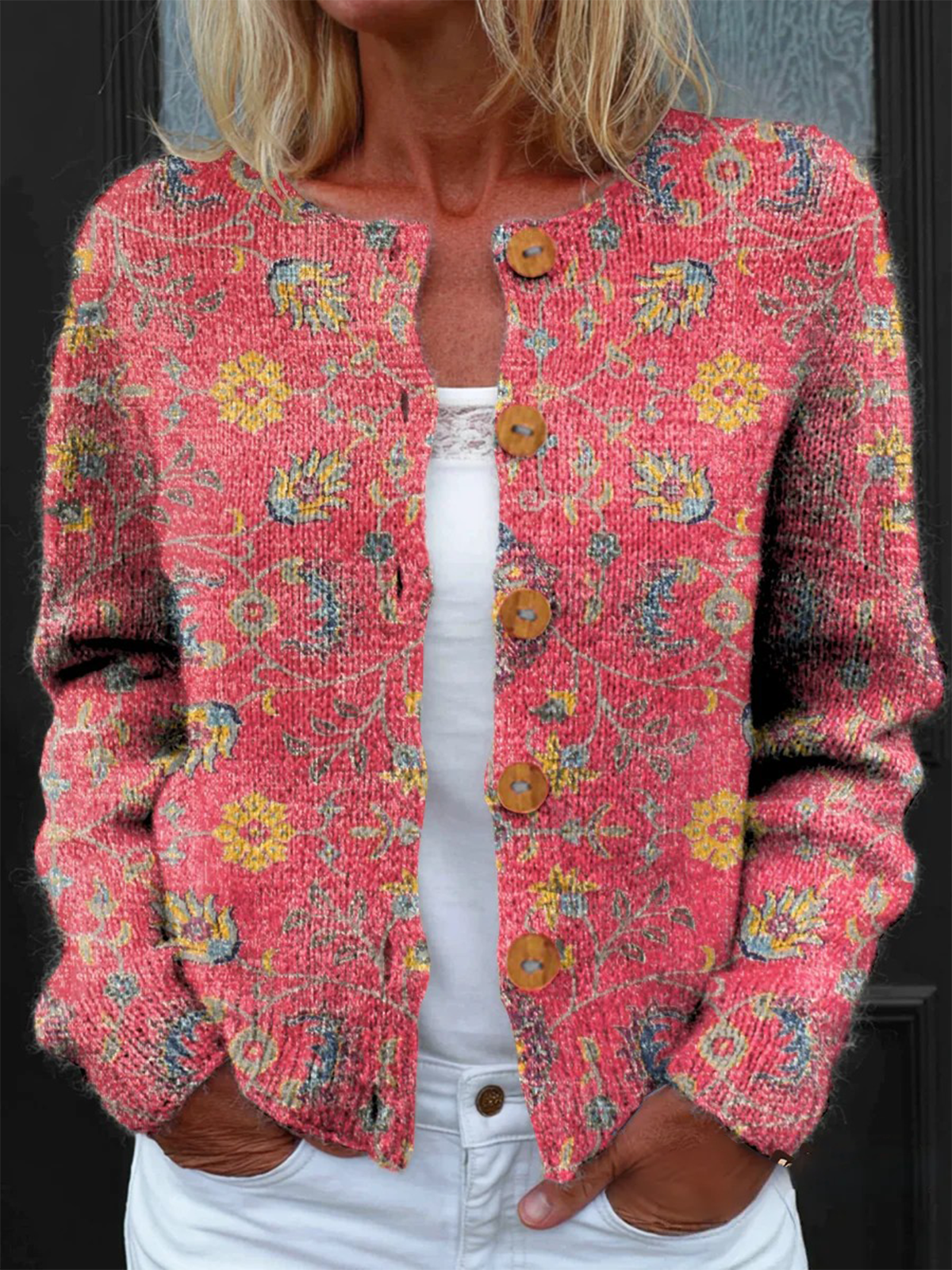 Damen Gestrickt Geometrisch Langarm Bequem Retro Strickjacke