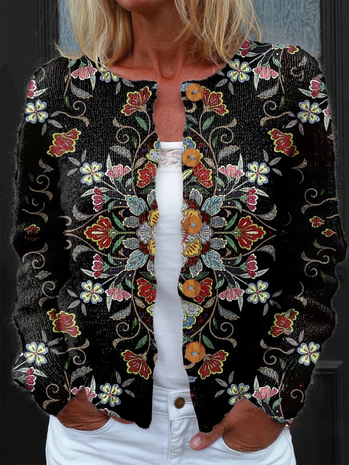 Damen Gestrickt Gestreift Langarm Bequem Retro Strickjacke