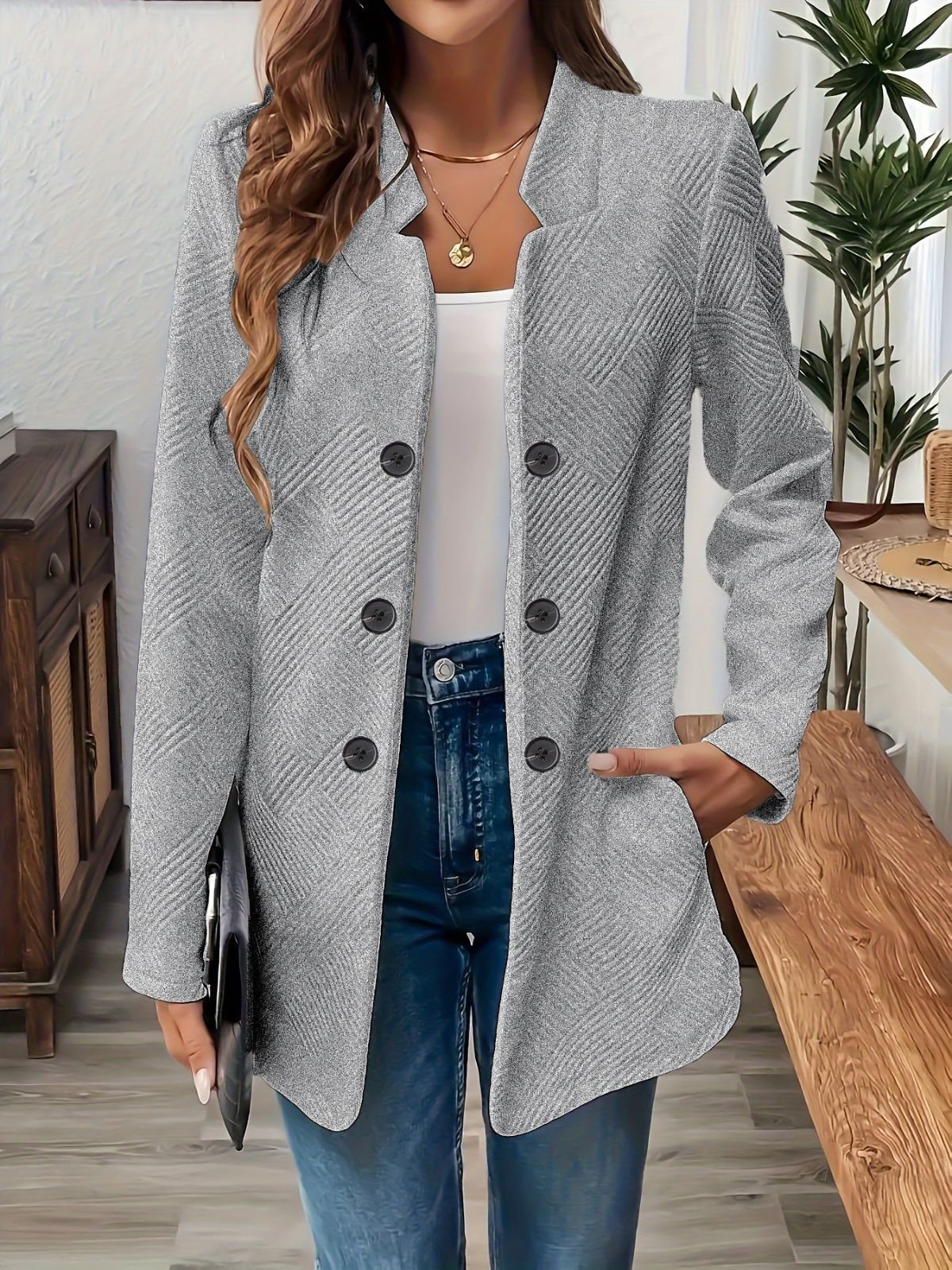 Damen Unifarben Frühling/Herbst Oberbekleidung Lässig Langarm Stehkragen Mittellang Blazer