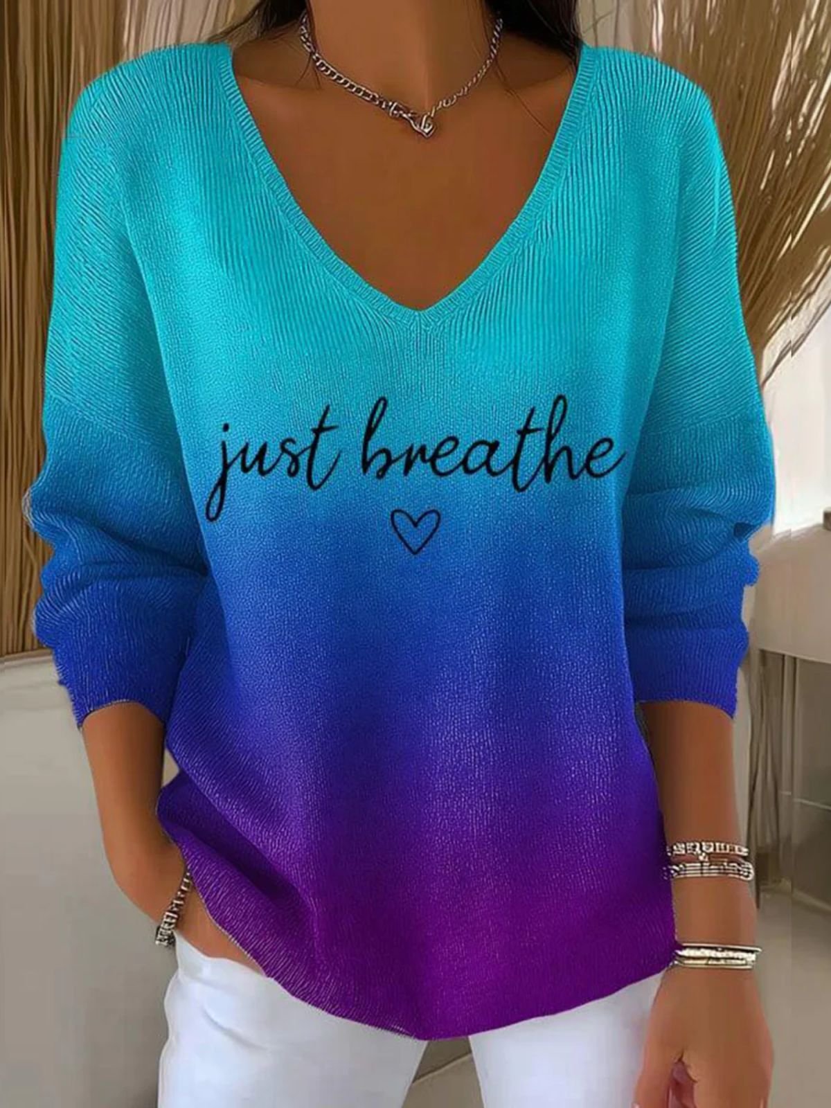 Damen Baumwolle Farbverlauf Langarm Bequem Lässig Pullover