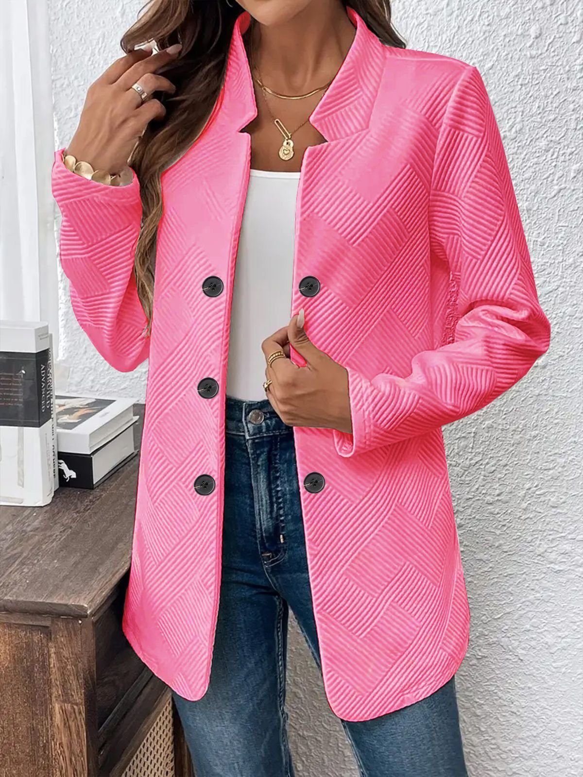 Damen Unifarben Frühling/Herbst Oberbekleidung Lässig Langarm Stehkragen Mittellang Blazer