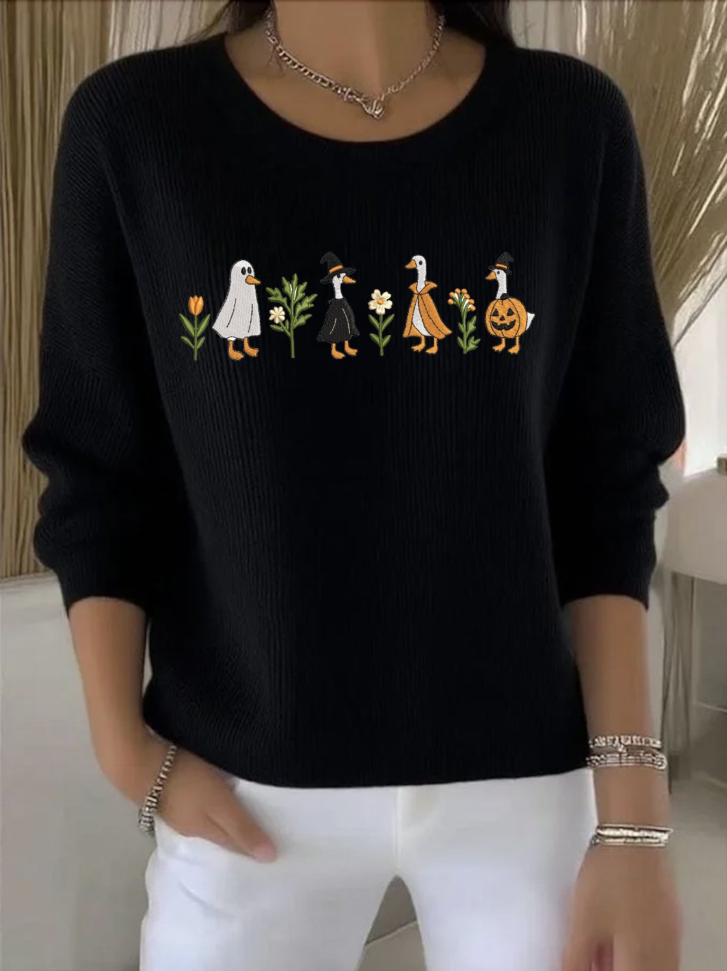 Damen Baumwolle Pflanzen Langarm Bequem Retro Pullover