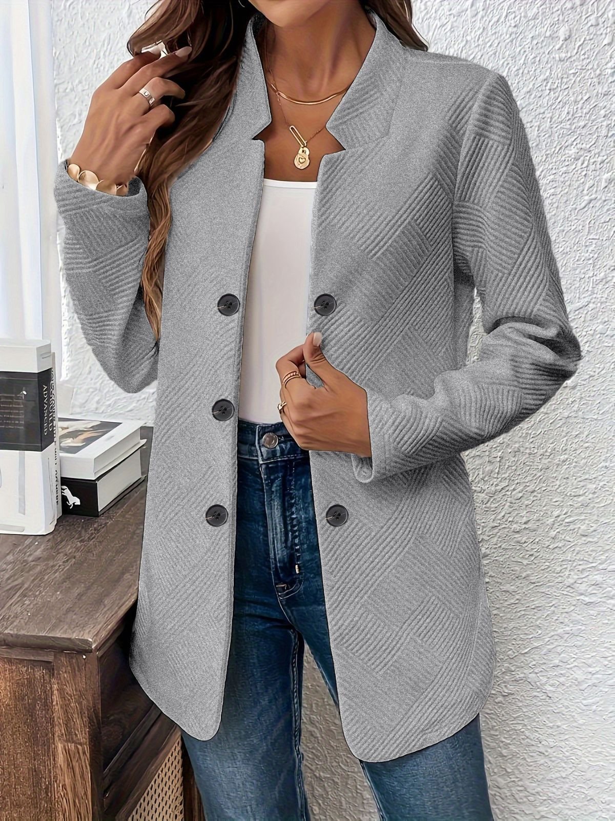 Damen Unifarben Frühling/Herbst Oberbekleidung Lässig Langarm Stehkragen Mittellang Blazer