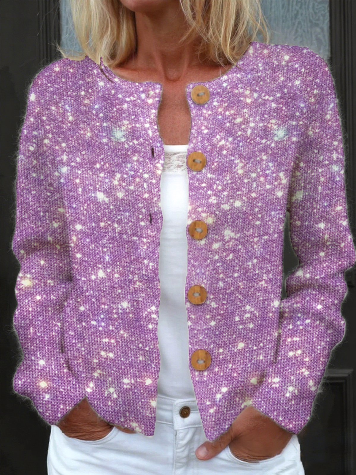 Damen Gestrickt Unifarben Langarm Bequem Retro Strickjacke