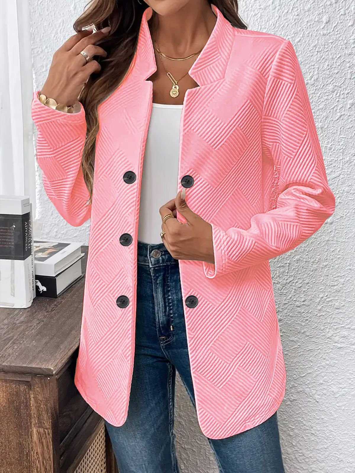 Damen Unifarben Frühling/Herbst Oberbekleidung Lässig Langarm Stehkragen Mittellang Blazer