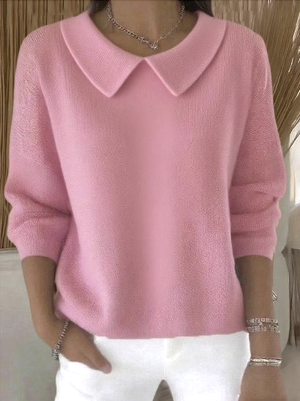Damen Baumwolle Unifarben Langarm Bequem Lässig Pullover