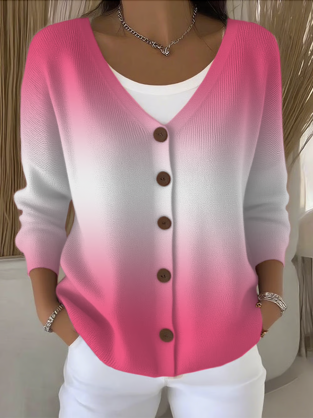 Damen Baumwolle Farbverlauf Langarm Bequem Lässig Strickjacke