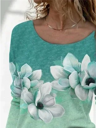 Lässig Geblümt Rundhals Langarm T-Shirt