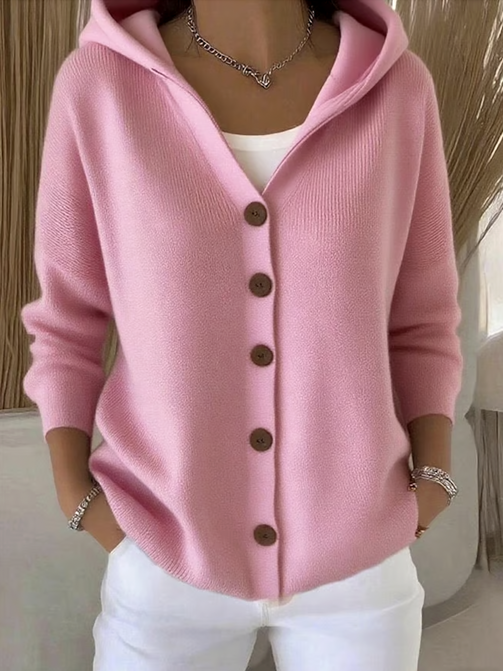 Damen Baumwolle Unifarben Langarm Bequem Lässig Strickjacke