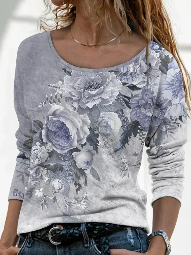 Lässig Geblümt Rundhals Langarm T-Shirt