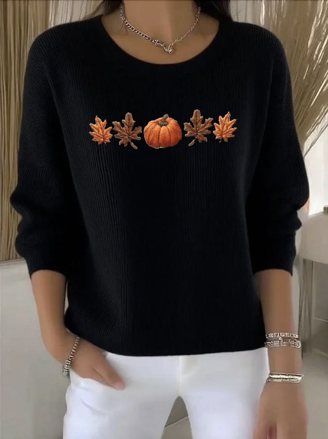 Damen Baumwolle Pflanzen Langarm Bequem Retro Pullover