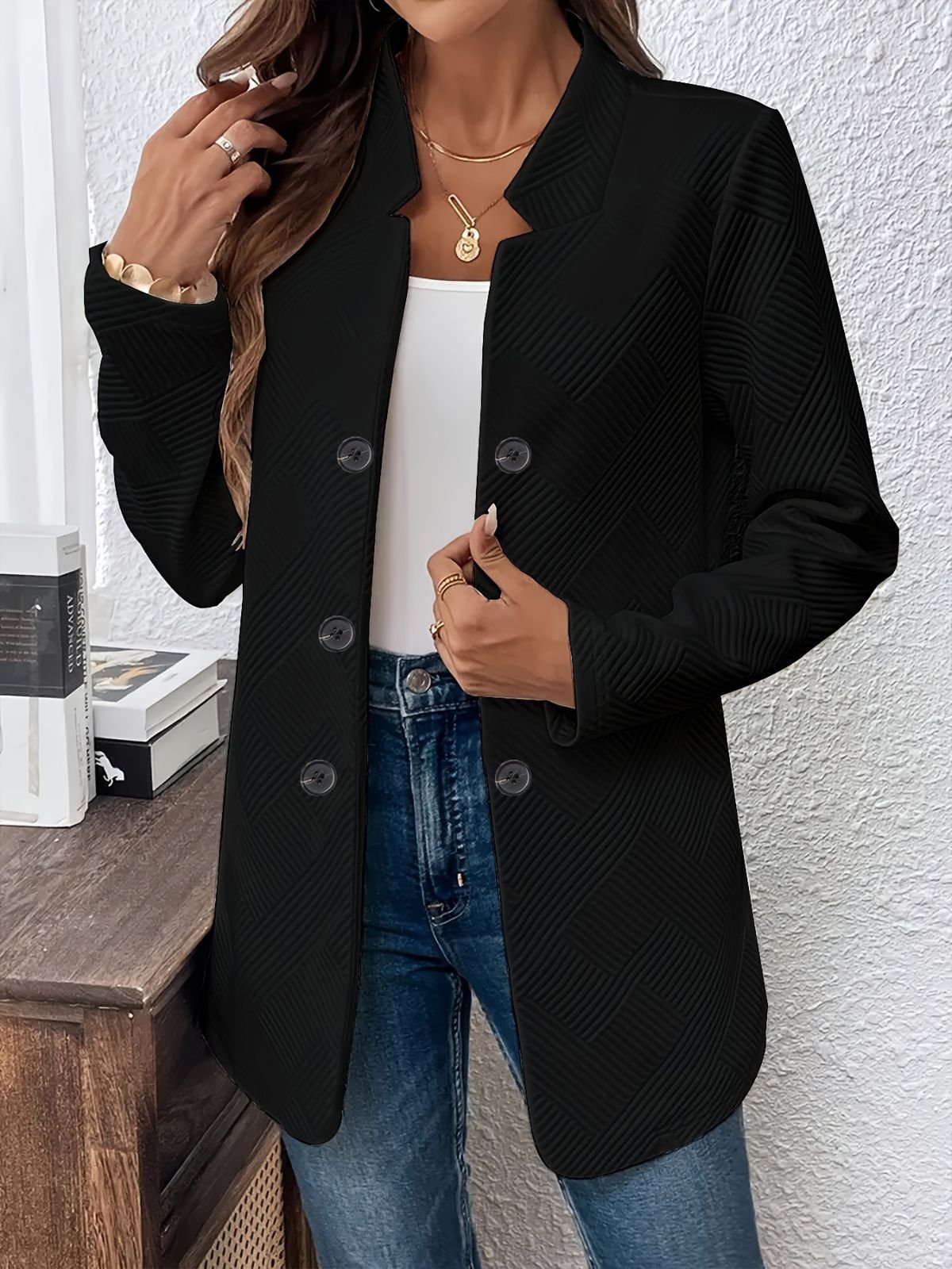 Damen Unifarben Frühling/Herbst Oberbekleidung Lässig Langarm Stehkragen Mittellang Blazer
