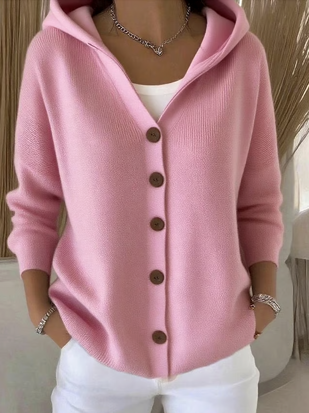 Damen Baumwolle Unifarben Langarm Bequem Lässig Strickjacke