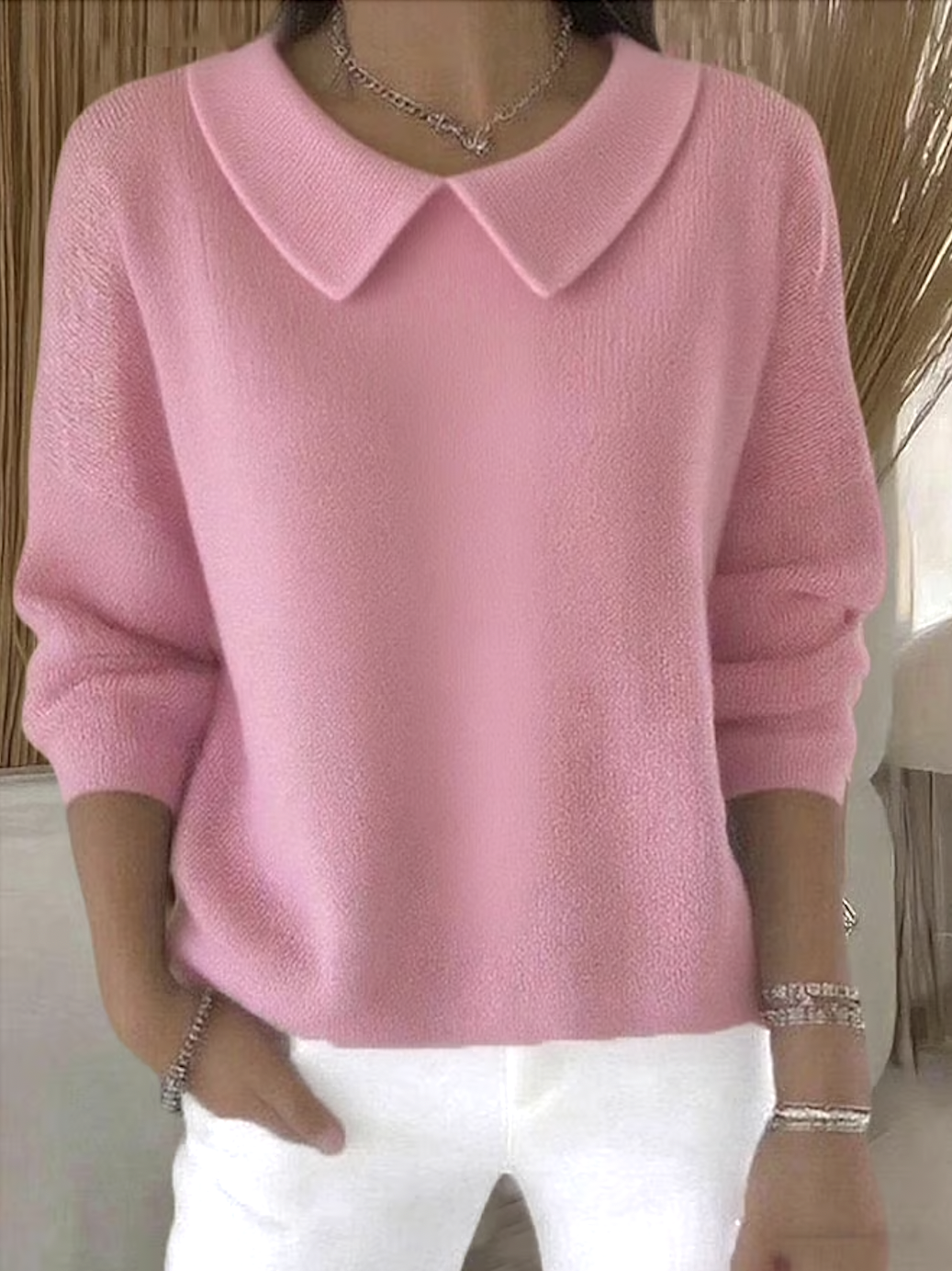 Damen Baumwolle Unifarben Langarm Bequem Lässig Pullover