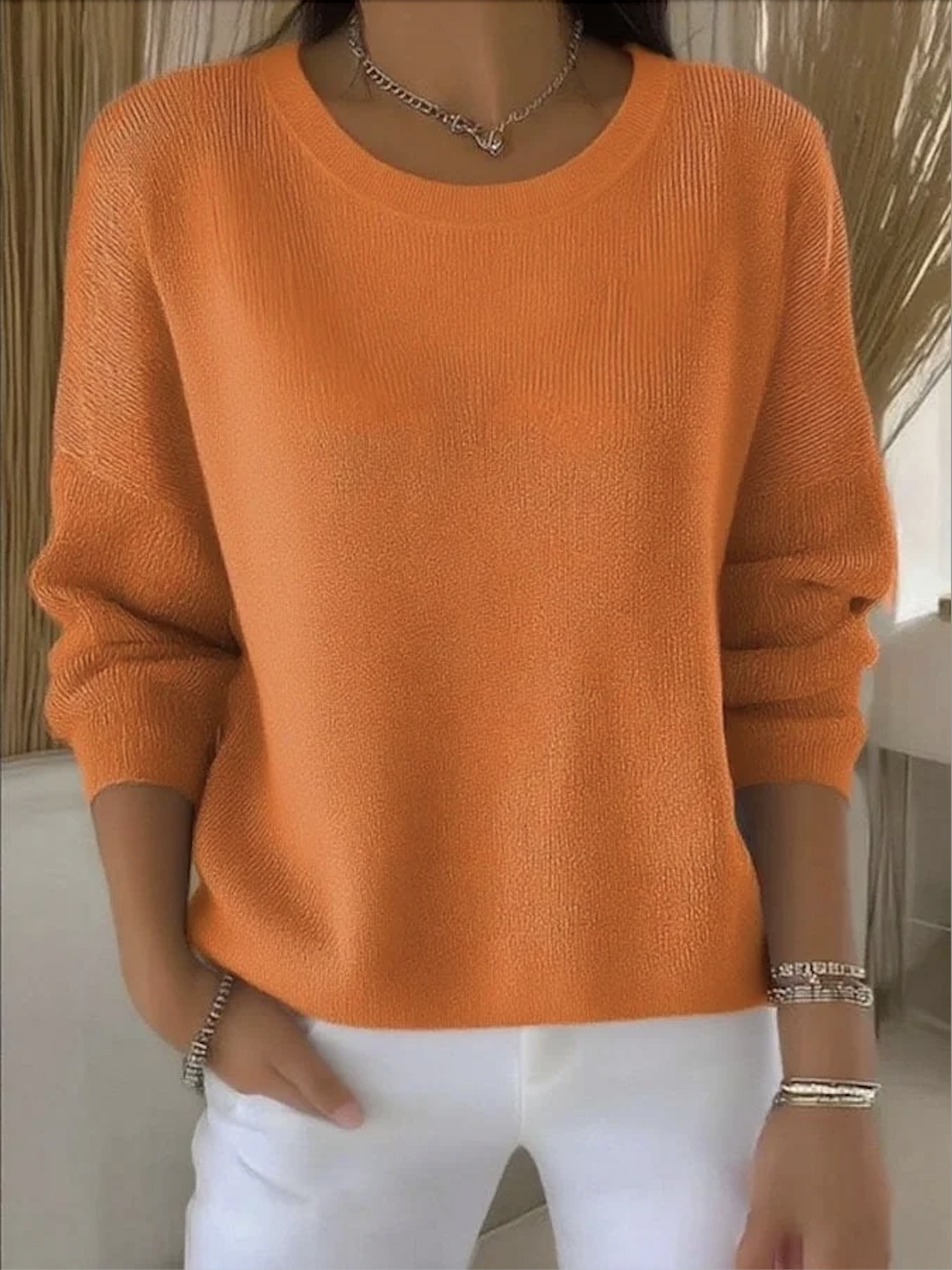 Damen Baumwolle Unifarben Langarm Bequem Retro Pullover