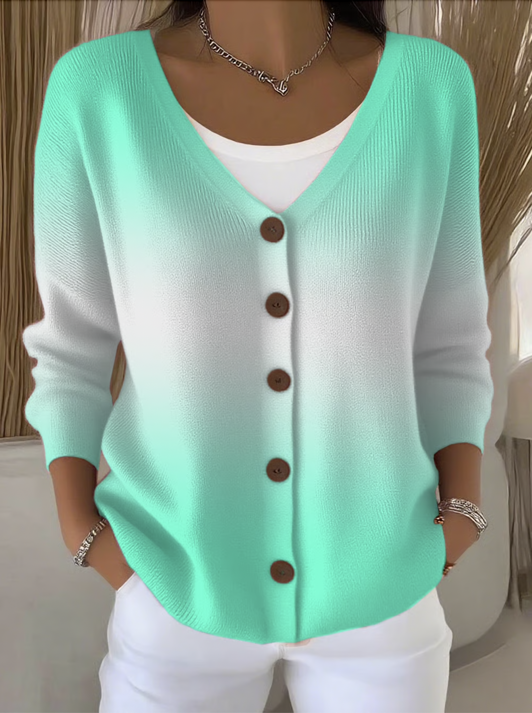 Damen Baumwolle Farbverlauf Langarm Bequem Lässig Strickjacke