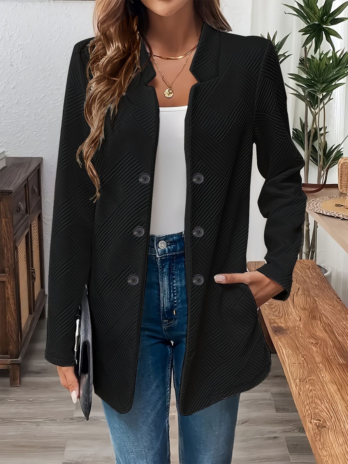 Damen Unifarben Frühling/Herbst Oberbekleidung Lässig Langarm Stehkragen Mittellang Blazer