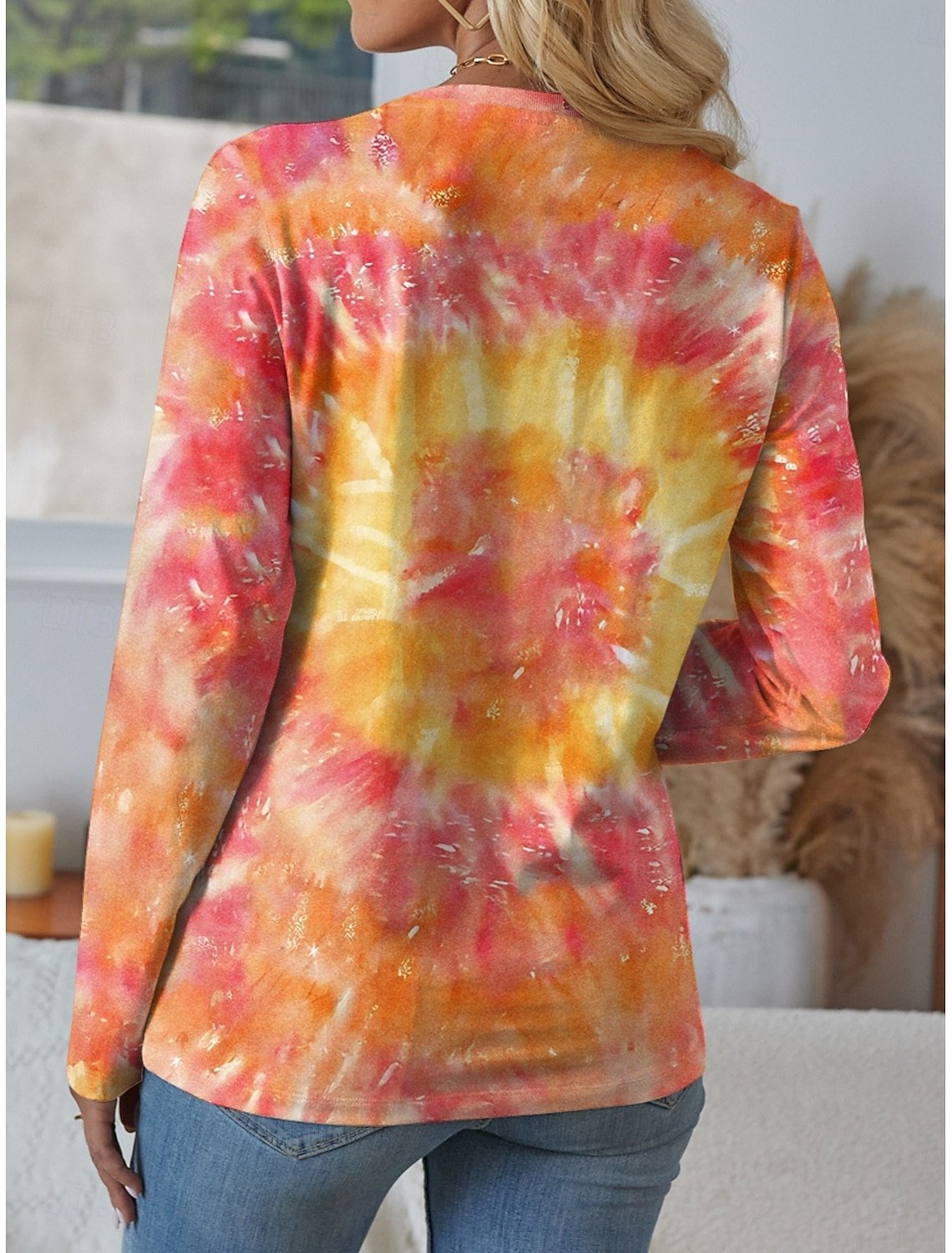 Lässig Tie-Dye-Muster Rundhals Langarm T-Shirt