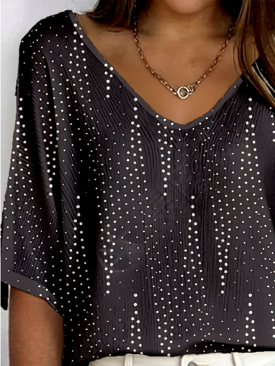 Retro Polka Dots V-Ausschnitt Dreiviertelärmel T-Shirt