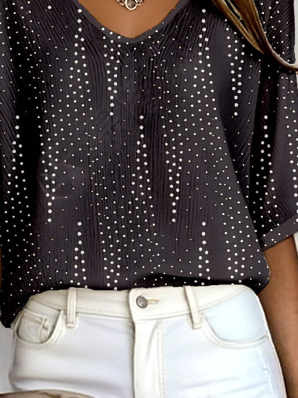 Retro Polka Dots V-Ausschnitt Dreiviertelärmel T-Shirt