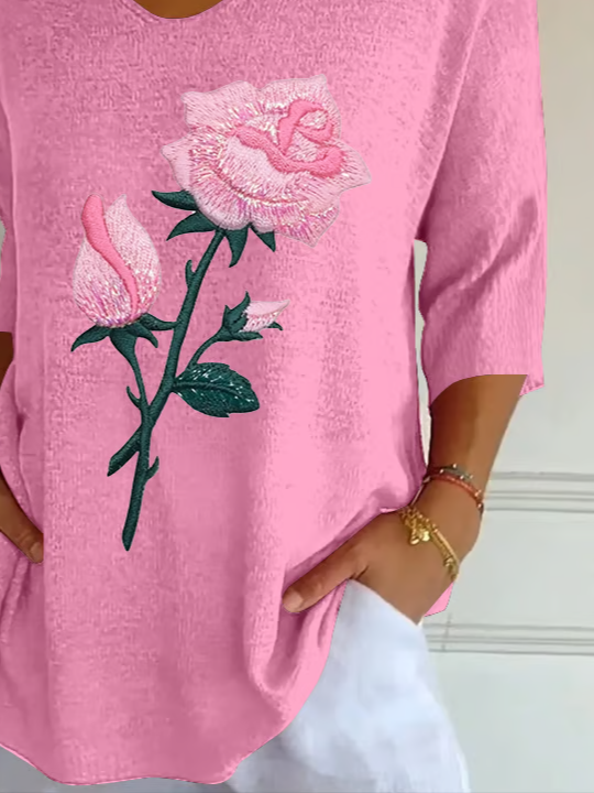 Lässig Geblümt V-Ausschnitt Dreiviertelärmel T-Shirt