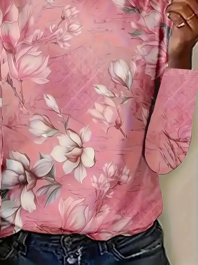 Lässig Geblümt Rundhals Langarm T-Shirt
