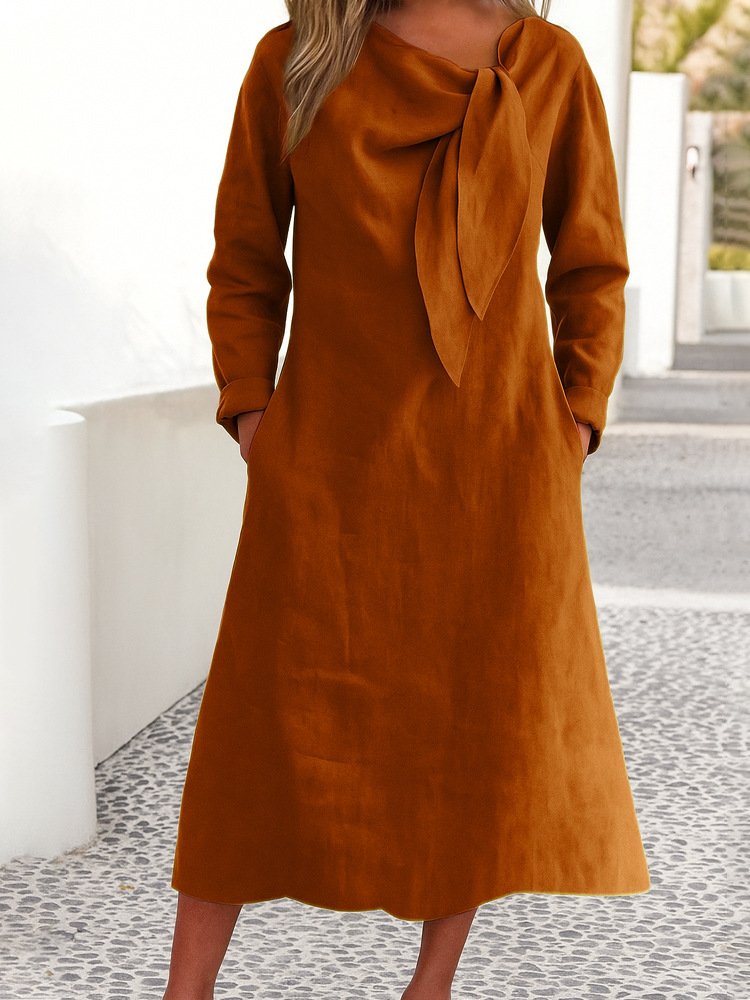 Damen Unifarben Frühling/Herbst Kleid V-Ausschnitt Langarm A-Linien-Kleid