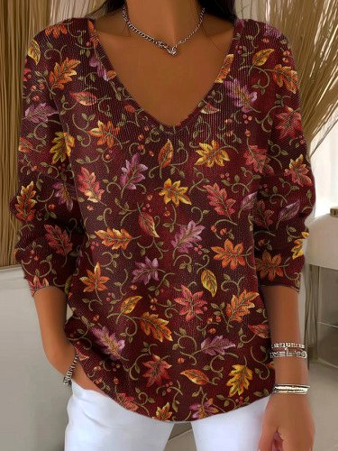 Damen Baumwolle Pflanzen Langarm Bequem Lässig Pullover