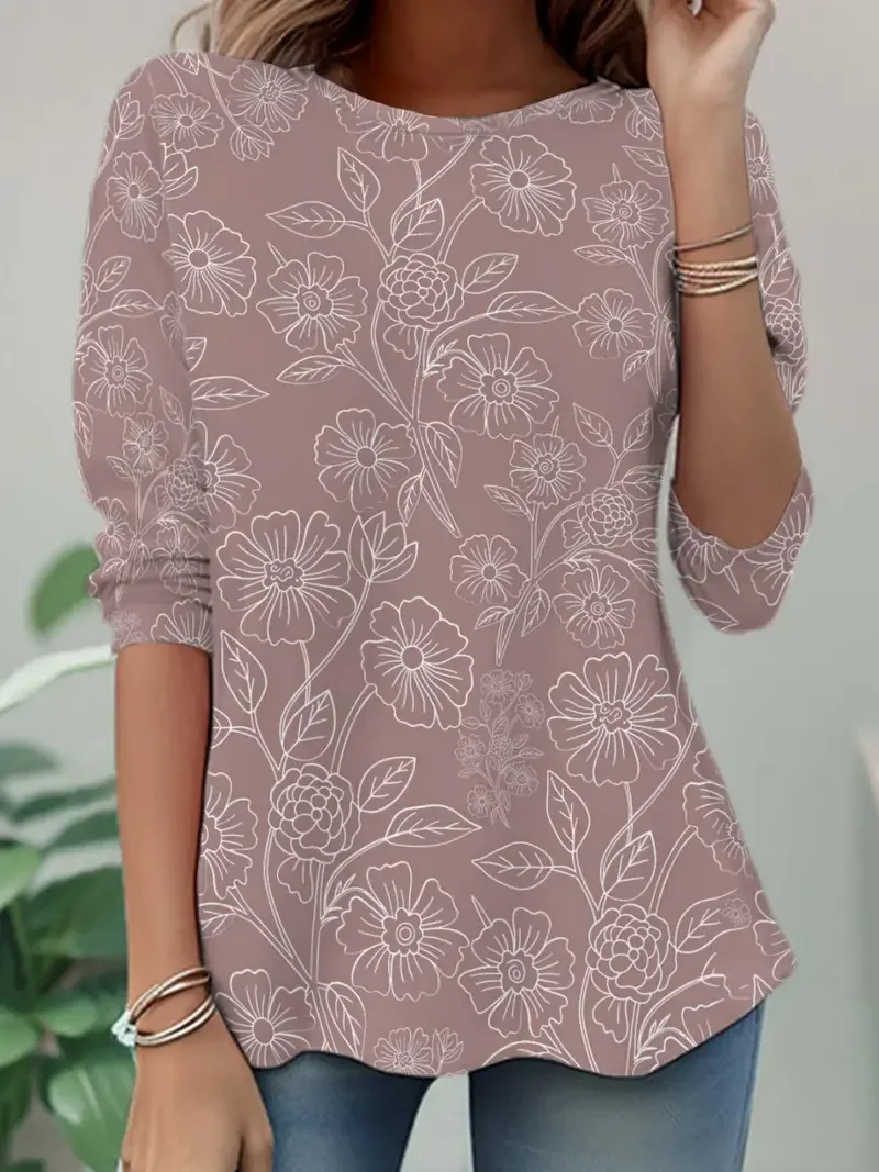 Lässig Geblümt Rundhals Langarm T-Shirt
