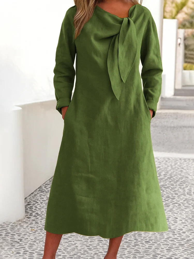 Damen Unifarben Frühling/Herbst Kleid V-Ausschnitt Langarm A-Linien-Kleid