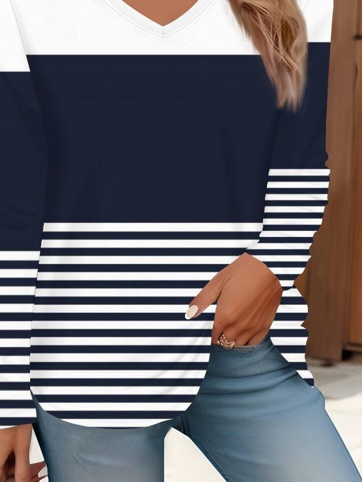 Lässig Gestreift V-Ausschnitt Langarm T-Shirt