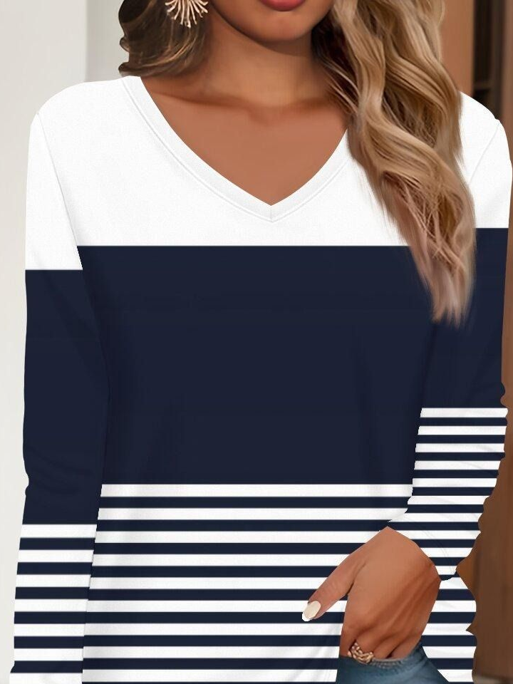 Lässig Gestreift V-Ausschnitt Langarm T-Shirt