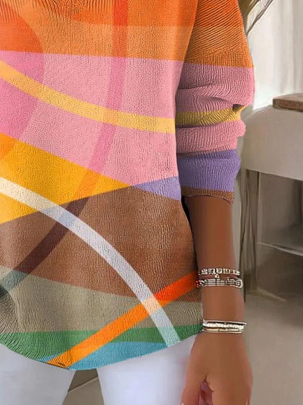 Damen Baumwolle Geometrisch Langarm Bequem Lässig Pullover